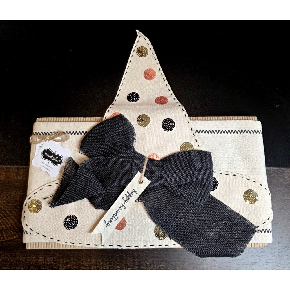 Mud Pie Pillow Wrap Witch Hat Halloween Happy Haunting Sequin Burlap 15 X 15 NEW